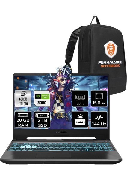 Tuf Gaming F15 Intel Core I5 11400H 20GB 2tb SSD RTX3050/4GB 144HZ 15.6'' Fhd Fdos Taşınabilir Bilgisayar HN375 & Per4 Çanta HN375P319