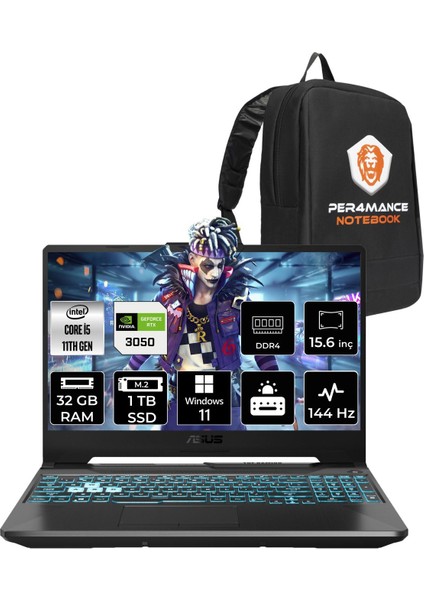 Tuf Gaming F15 Intel Core I5 11400H 32GB 1tb SSD RTX3050/4GB 144HZ 15.6'' Fhd W11P Taşınabilir Bilgisayar HN375 & Per4 Çanta HN375P428