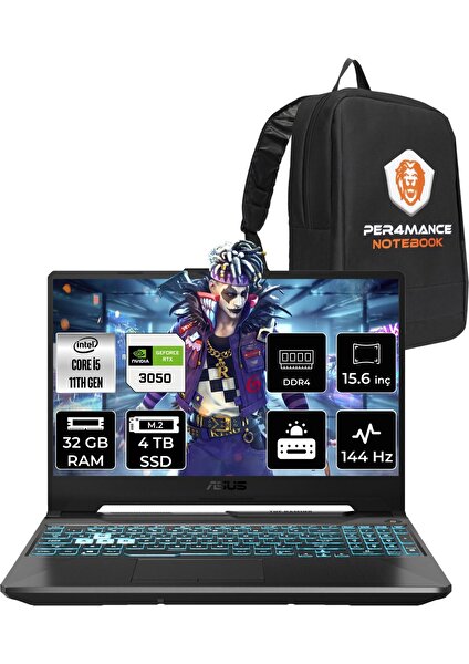 Tuf Gaming F15 Intel Core I5 11400H 32GB 4tb SSD RTX3050/4GB 144HZ 15.6'' Fhd Fdos Taşınabilir Bilgisayar HN375 & Per4 Çanta HN375P330