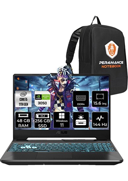 Tuf Gaming F15 Intel Core I5 11400H 48GB 256GB SSD RTX3050/4GB 144HZ 15.6'' Fhd W11H Taşınabilir Bilgisayar HN011 & Per4 Çanta HN011P391