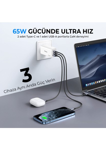 BX3P66G Gan 65W 2*type-C Pd 3.0 ve Usb-A Qc Üç Portlu Hızlı Şarj Cihazı Beyaz