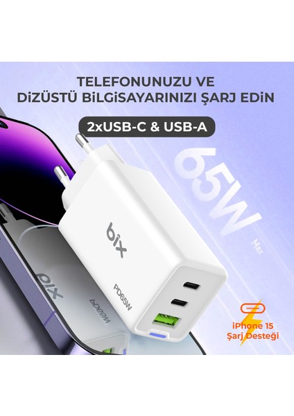 BX3P66G Gan 65W 2*type-C Pd 3.0 ve Usb-A Qc Üç Portlu Hızlı Şarj Cihazı Beyaz