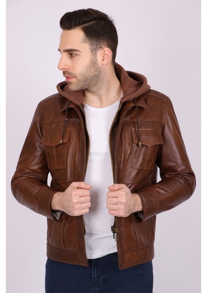 Erkek Kahverengi Hakiki Deri Çıkarılabilir Kapüşonlu Spor Mont fiyatları