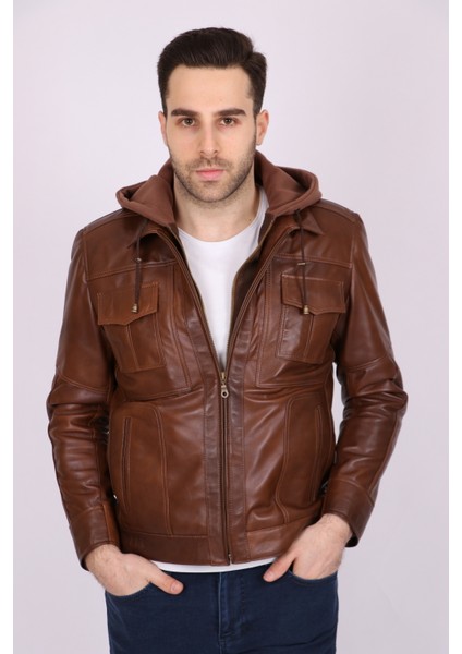 Erkek Kahverengi Hakiki Deri Çıkarılabilir Kapüşonlu Spor Mont modelleri