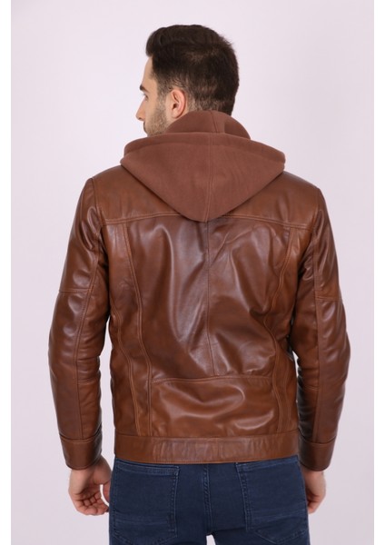 Erkek Kahverengi Hakiki Deri Çıkarılabilir Kapüşonlu Spor Mont fırsatları
