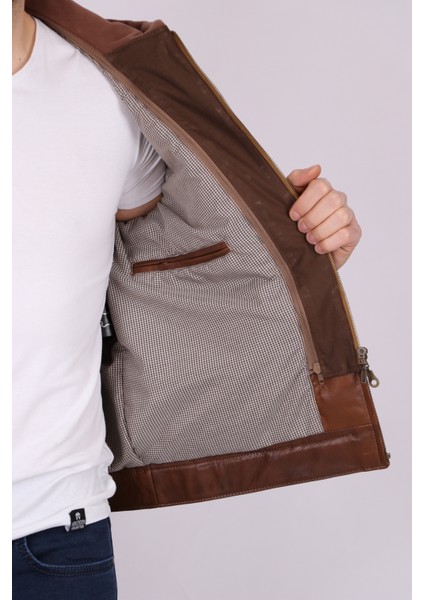 Erkek Kahverengi Hakiki Deri Çıkarılabilir Kapüşonlu Spor Mont indirimleri