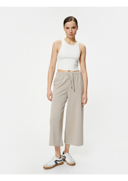 Culotte Pantolon Beli Bağcıklı Crop Bol Paça Cepli Modal Karışımlı