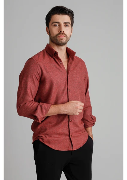 Erkek Bordo Kışlık Melanj Oduncu Casual Düğmeli Yaka Cepsiz Modern Fit Gömlek