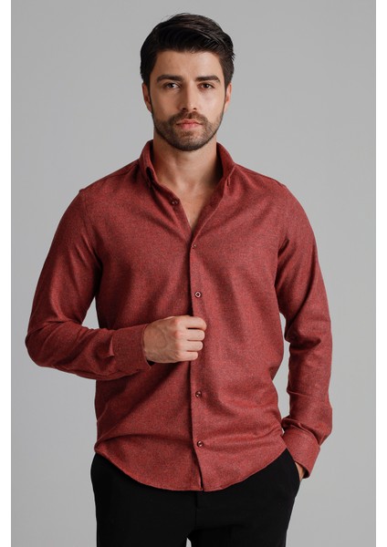 Erkek Bordo Kışlık Melanj Oduncu Casual Düğmeli Yaka Cepsiz Modern Fit Gömlek