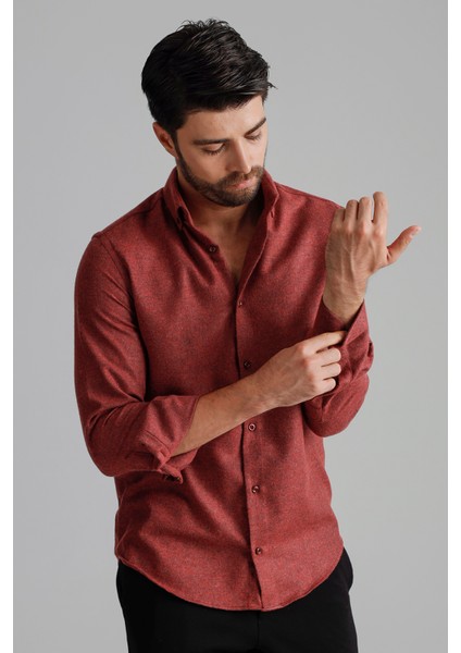 Erkek Bordo Kışlık Melanj Oduncu Casual Düğmeli Yaka Cepsiz Modern Fit Gömlek