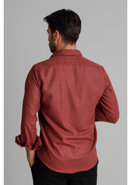 Erkek Bordo Kışlık Melanj Oduncu Casual Düğmeli Yaka Cepsiz Modern Fit Gömlek