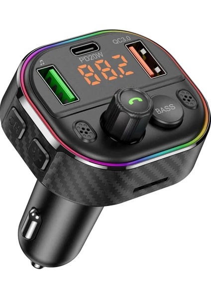 Car T86M Araç Fm Transmitter 5.0 Bluetooth Araç Kiti Hızlı 20W Şarj Qc3.0 Çift USB Mp3 Sd Kart Çakmaklık Girişli Oto Müzik Çalar