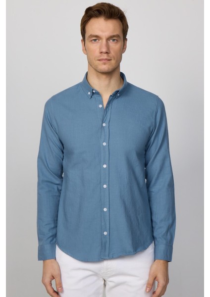 Slim Fit Uzun Kol Biyeli Yaka Düğmeli Keten Indigo Erkek Gömlek modelleri