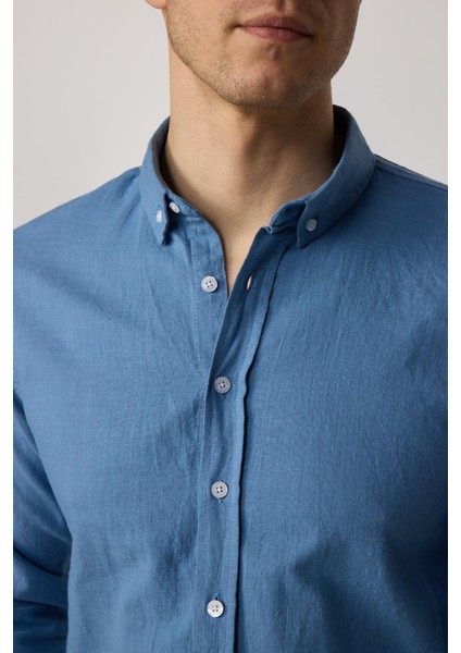 Slim Fit Uzun Kol Biyeli Yaka Düğmeli Keten Indigo Erkek Gömlek fırsatları