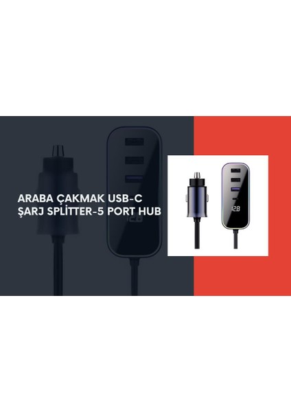 Araba Çakmak Şarj Cihazı 105W 5 Portlu Süper Hızlı Fast Car Charger, Type-C - 4 USB