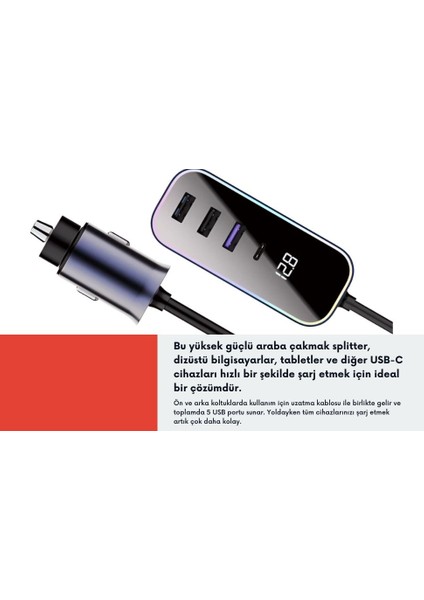 Araba Çakmak Şarj Cihazı 105W 5 Portlu Süper Hızlı Fast Car Charger, Type-C - 4 USB