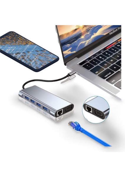 Macbook Pro Air Type-C 11 In 1, 4K Hdmı, Vga, Pd, Usb3.0, RJ45 Ethernet, Sd/tf Card Reader, 3.5mm Aux, Çevirici Hub Adaptör