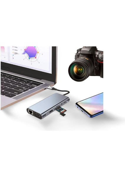 Macbook Pro Air Type-C 11 In 1, 4K Hdmı, Vga, Pd, Usb3.0, RJ45 Ethernet, Sd/tf Card Reader, 3.5mm Aux, Çevirici Hub Adaptör