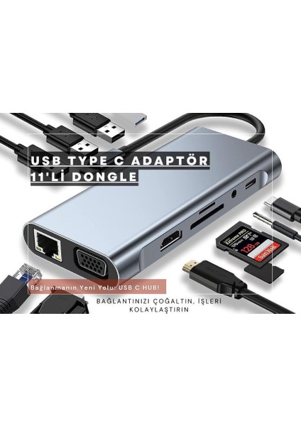 Macbook Pro Air Type-C 11 In 1, 4K Hdmı, Vga, Pd, Usb3.0, RJ45 Ethernet, Sd/tf Card Reader, 3.5mm Aux, Çevirici Hub Adaptör