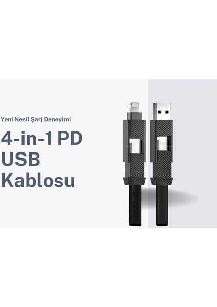 4 In 1 Pd USB Şarj Data Kablosu 60W 3A Hızlı Şarj ve 480MB/S iPhone USB Type C ve Xiaomi Samsung Huawei Uyumlu