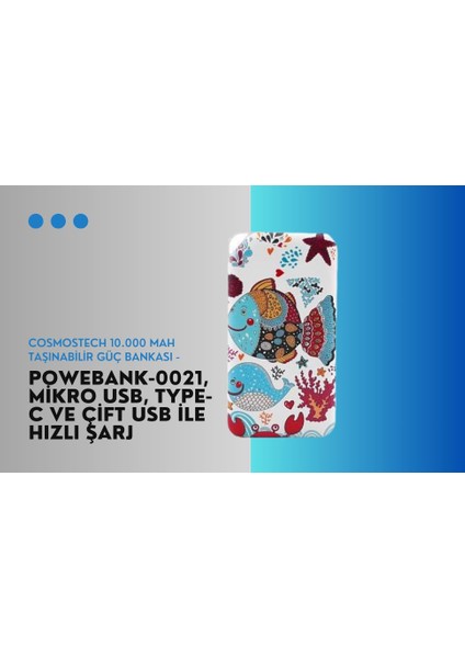 10.000 Mah Powerbank Özel Resim Balık Temalı, Taşınabilir Güç Bankası