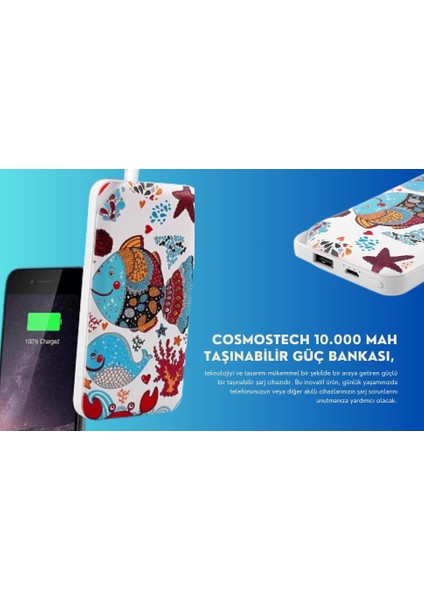 10.000 Mah Powerbank Özel Resim Balık Temalı, Taşınabilir Güç Bankası