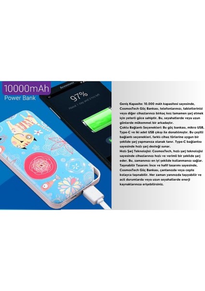 10.000 Mah Powerbank Özel Resim Kedi Temalı, Taşınabilir Güç Bankası