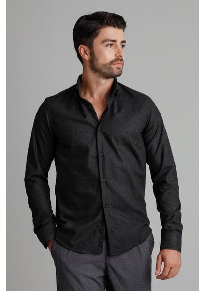Erkek Siyah Kışlık Melanj Oduncu Casual Düğmeli Yaka Cepsiz Modern Fit Gömlek