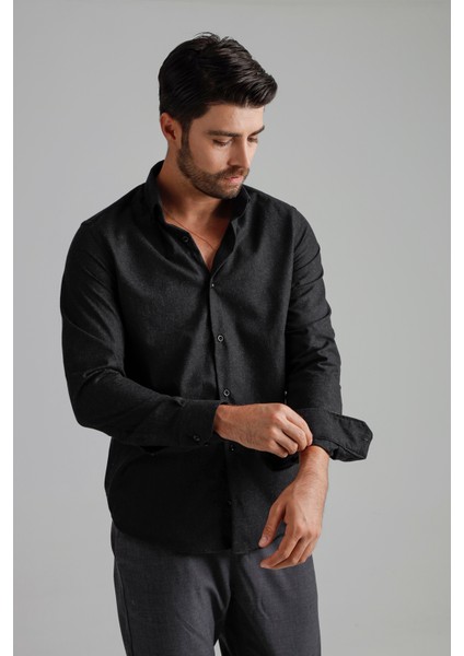 Erkek Siyah Kışlık Melanj Oduncu Casual Düğmeli Yaka Cepsiz Modern Fit Gömlek modelleri