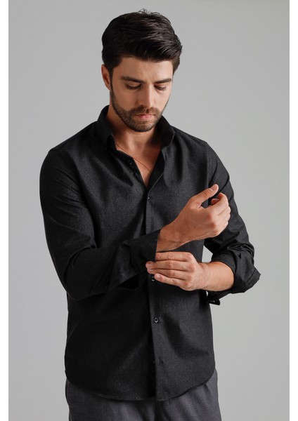 Erkek Siyah Kışlık Melanj Oduncu Casual Düğmeli Yaka Cepsiz Modern Fit Gömlek fırsatları