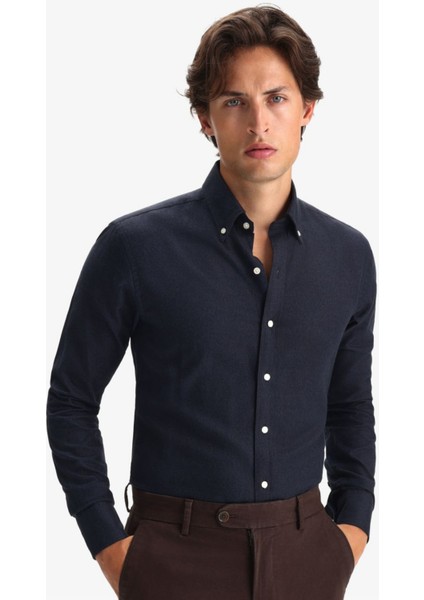 Erkek Lacivert Kışlık Melanj Oduncu Casual Düğmeli Yaka Cepsiz Modern Fit Gömlek