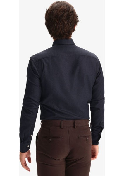 Erkek Lacivert Kışlık Melanj Oduncu Casual Düğmeli Yaka Cepsiz Modern Fit Gömlek fırsatları