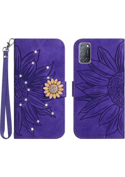 Oppo A92/A72/A52 Pırlantalı Kabartmalı Ayçiçeği Kısa Askılı Manyetik Kartlıklı Cüzdan Telefon Kılıfı (Yurt Dışından)