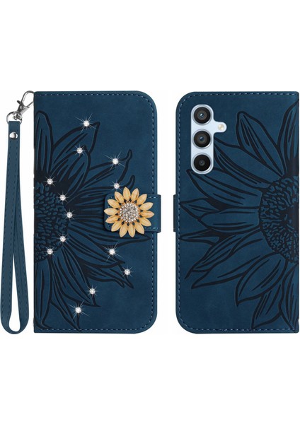 Samsung Galaxy M14 5g Pırlantalı Kabartmalı Ayçiçeği Kısa Askılı Manyetik Kartlıklı Cüzdan Telefon Kılıfı (Yurt Dışından)