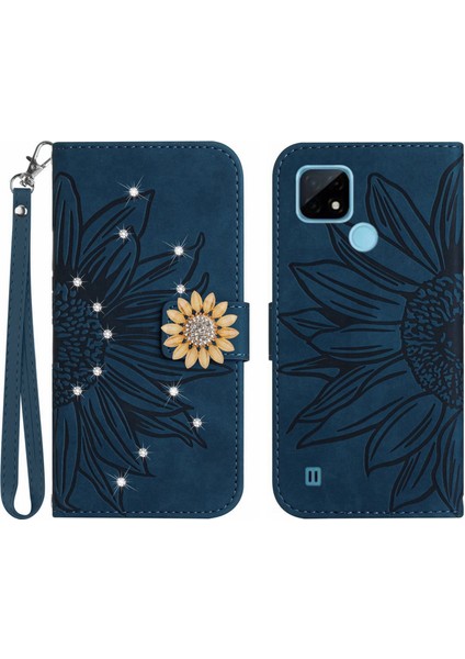 Realme C20/C21 Pırlantalı Kabartmalı Ayçiçeği Kısa Askılı Manyetik Kartlıklı Cüzdan Telefon Kılıfı (Yurt Dışından)