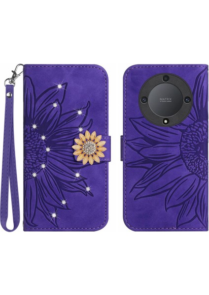 Honor X9B Pırlantalı Kabartmalı Ayçiçeği Kısa Askılı Manyetik Kartlıklı Cüzdan Telefon Kılıfı (Yurt Dışından)