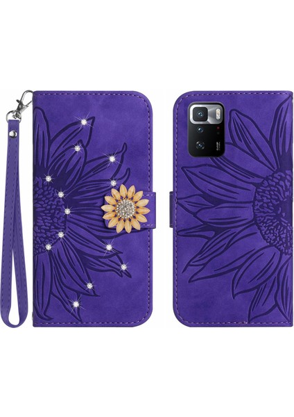 Xiaomi Poco X3 Gt Pırlantalı Kabartmalı Ayçiçeği Kısa Askılı Manyetik Kartlıklı Cüzdan Telefon Kılıfı (Yurt Dışından)