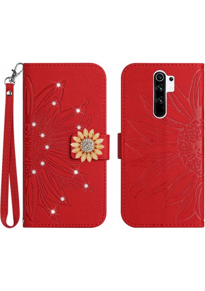 Xiaomi Redmi 9 Pırlantalı Kabartmalı Ayçiçeği Kısa Askılı Manyetik Kartlıklı Cüzdan Telefon Kılıfı (Yurt Dışından)