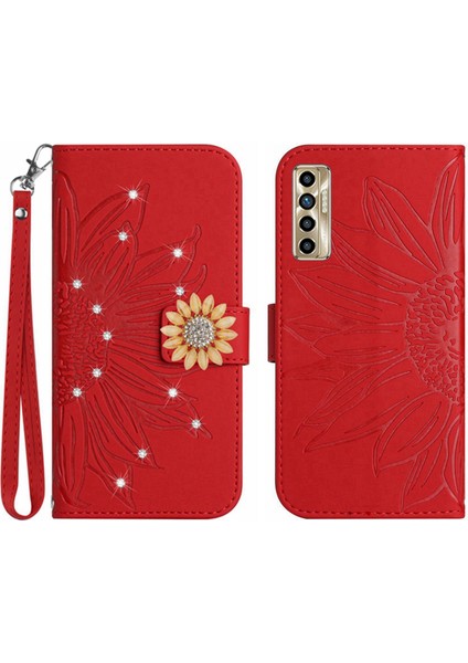 Tecno Camon 17P Pırlantalı Kabartmalı Ayçiçeği Kısa Askılı Manyetik Kartlıklı Cüzdan Telefon Kılıfı (Yurt Dışından)