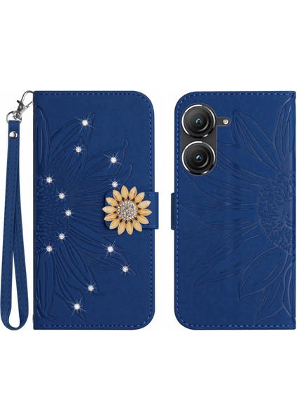 Asus Zenfone 9 Pırlantalı Kabartmalı Ayçiçeği Kısa Askılı Manyetik Kartlıklı Cüzdan Telefon Kılıfı (Yurt Dışından)