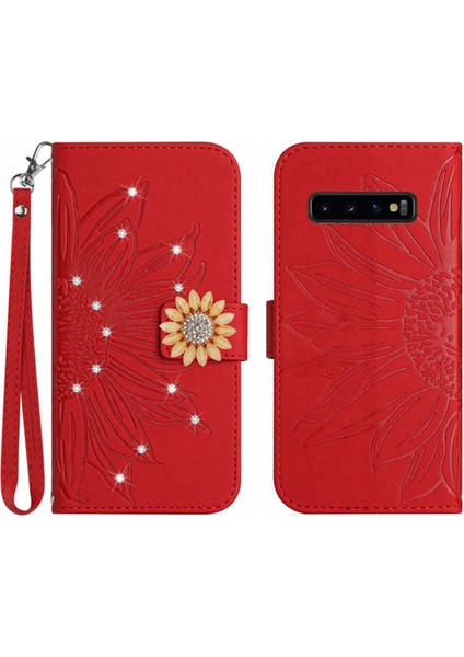 Samsung Galaxy S10 Plus Pırlantalı Kabartmalı Ayçiçeği Kısa Askılı Manyetik Kartlıklı Cüzdan Telefon Kılıfı (Yurt Dışından)