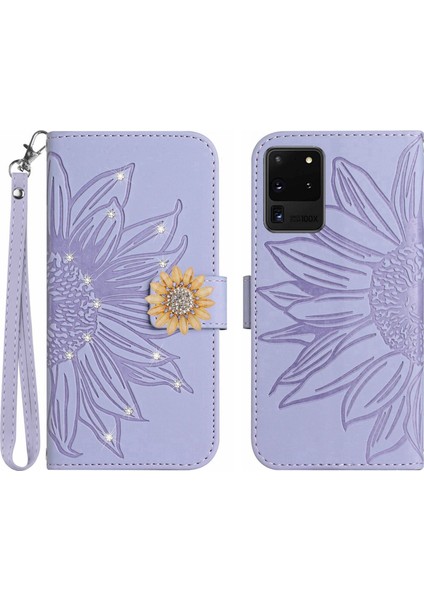 Samsung Galaxy S20 Ultra Pırlantalı Kabartmalı Ayçiçeği Kısa Askılı Manyetik Kartlıklı Cüzdan Telefon Kılıfı (Yurt Dışından)