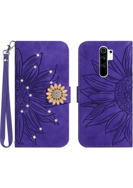 Xiaomi Redmi Note 8 Pro Pırlantalı Kabartmalı Ayçiçeği Kısa Askılı Manyetik Kartlıklı Cüzdan Telefon Kılıfı (Yurt Dışından)
