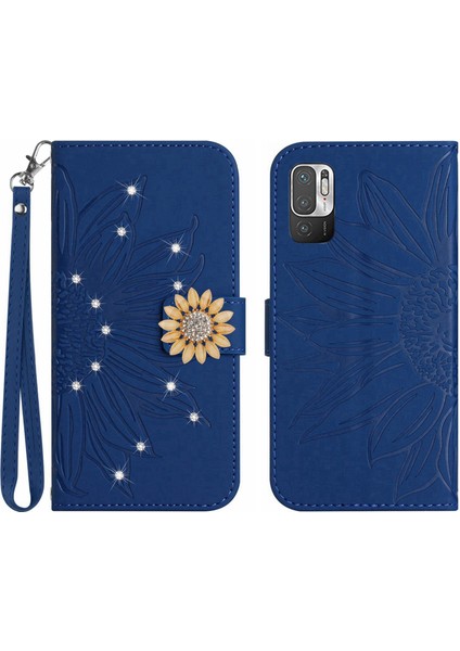 Xiaomi Poco M3 Pro Pırlantalı Kabartmalı Ayçiçeği Kısa Askılı Manyetik Kartlıklı Cüzdan Telefon Kılıfı (Yurt Dışından)