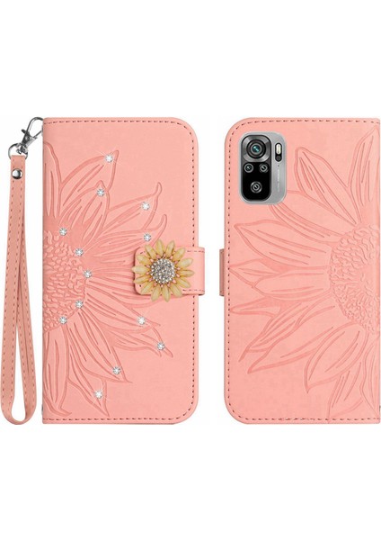 Xiaomi Poco M5S Pırlantalı Kabartmalı Ayçiçeği Kısa Askılı Manyetik Kartlıklı Cüzdan Telefon Kılıfı (Yurt Dışından)