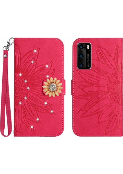 Huawei P40 Pırlantalı Kabartmalı Ayçiçeği Kısa Askılı Manyetik Kartlıklı Cüzdan Telefon Kılıfı (Yurt Dışından)