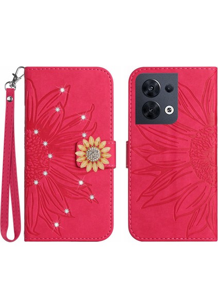 Oppo Reno 8 4g Pırlantalı Kabartmalı Ayçiçeği Kısa Askılı Manyetik Kartlıklı Cüzdan Telefon Kılıfı (Yurt Dışından)