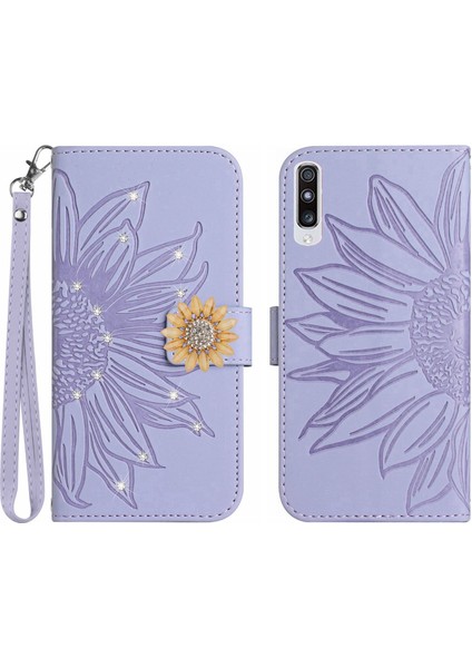 Samsung Galaxy A50/A50S/A30S Pırlantalı Kabartmalı Ayçiçeği Kısa Askılı Manyetik Kartlıklı Cüzdan Telefon Kılıfı (Yurt Dışından)