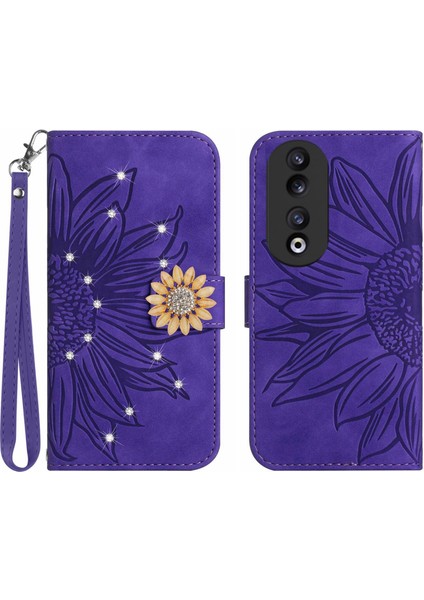 Honor 90 Pırlantalı Kabartmalı Ayçiçeği Kısa Askılı Manyetik Kartlıklı Cüzdan Telefon Kılıfı (Yurt Dışından)