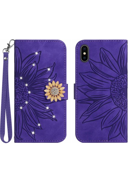 iPhone Xs Max Pırlantalı Kabartmalı Ayçiçeği Kısa Askılı Manyetik Kartlıklı Cüzdan Telefon Kılıfı (Yurt Dışından)
